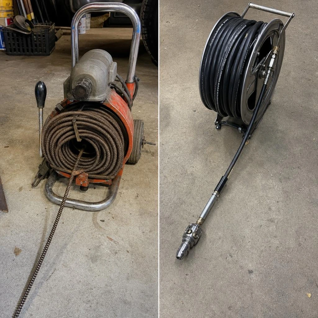 Drain snake machine vs hydro jetting hose reel comparison