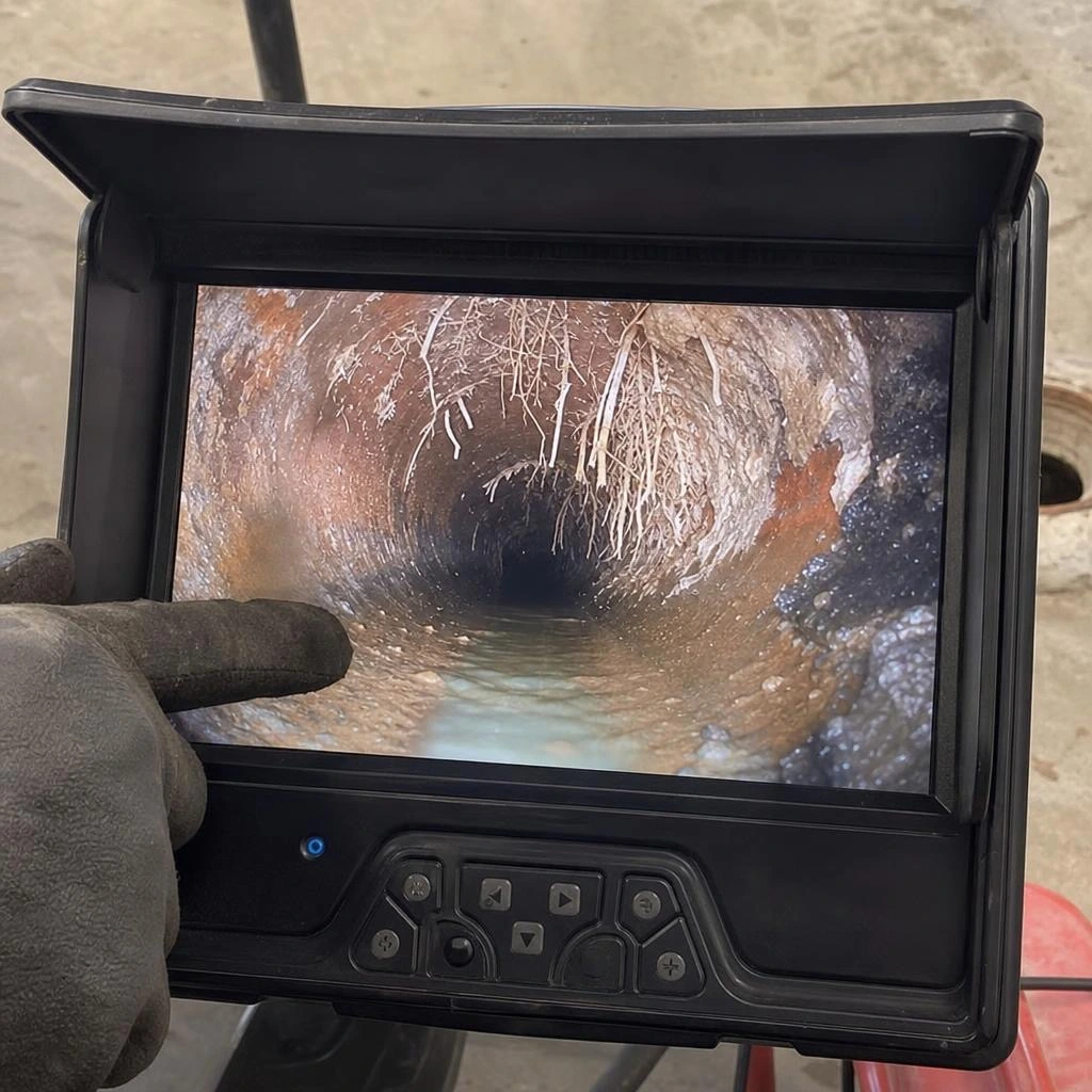Sewer camera inspection showing root intrusion in Stockton CA